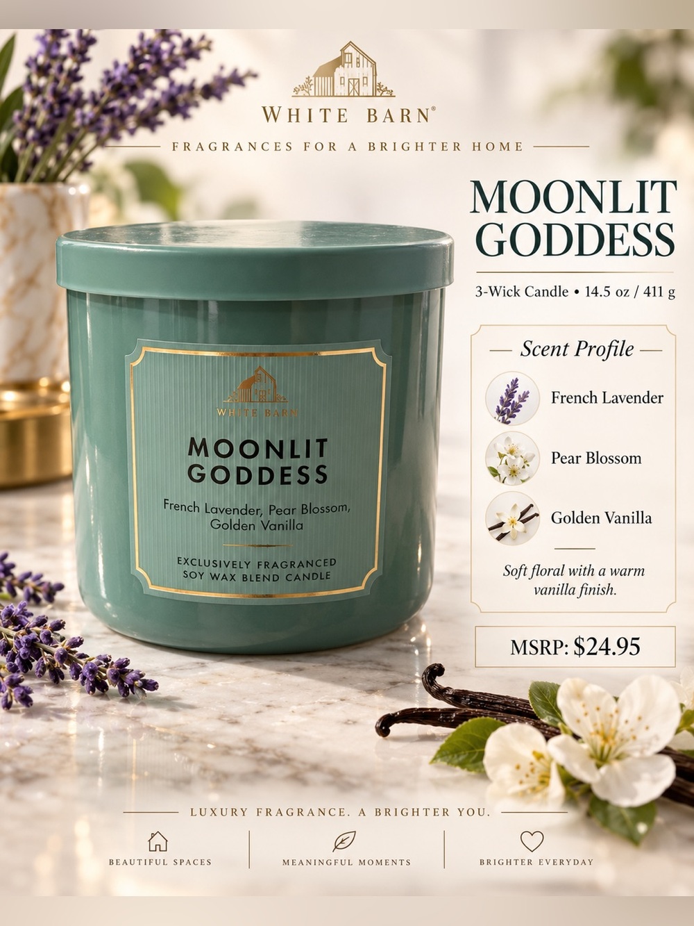 White Barn Bath & Body Works MOONLIT GODDESS 3-Wick Candle 14.5 oz - NWT
